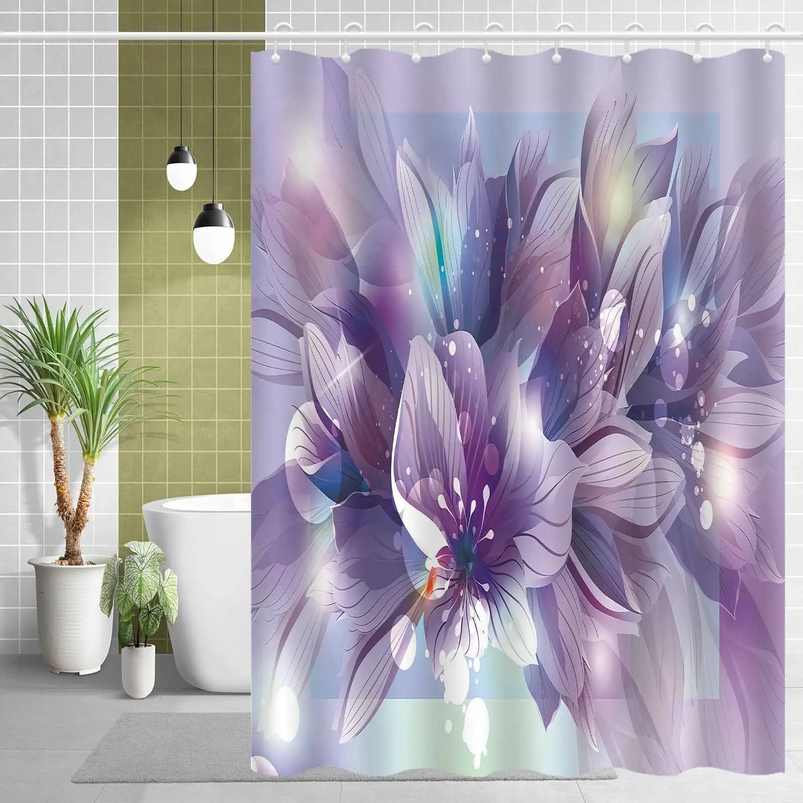 

Nordic Fresh Purple Floral Shower Curtain, Water-Resistant Polyester Knit, Hooks Included, Elegant Anti-Fog, Artistic Design