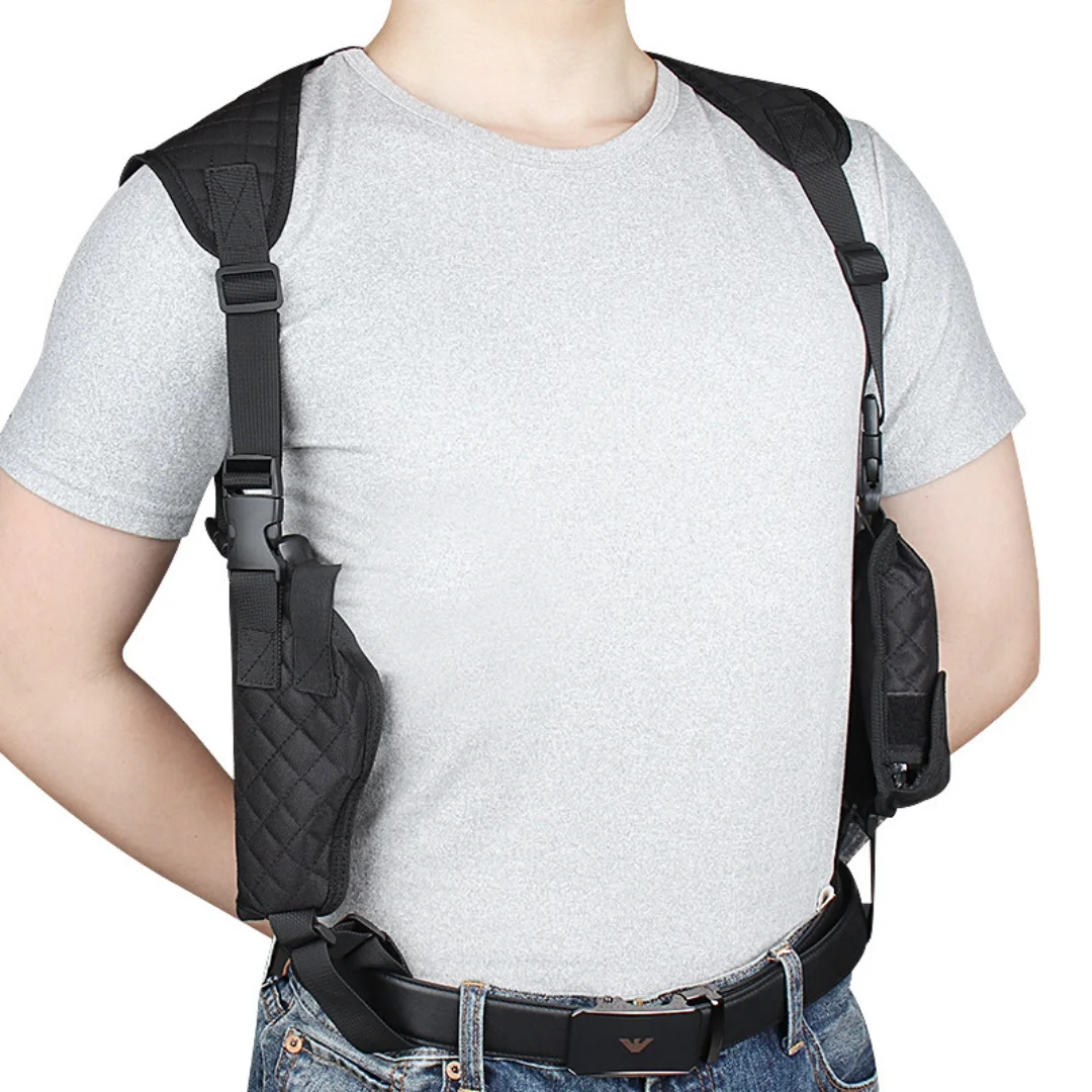Sarung Pistol Taktis Universal Luar Ruangan, Portabel, Tersembunyi di Bawah Lengan, Bahan Nilon, Tas Magasin Ganda, Sarung Pistol Tarik Cepat