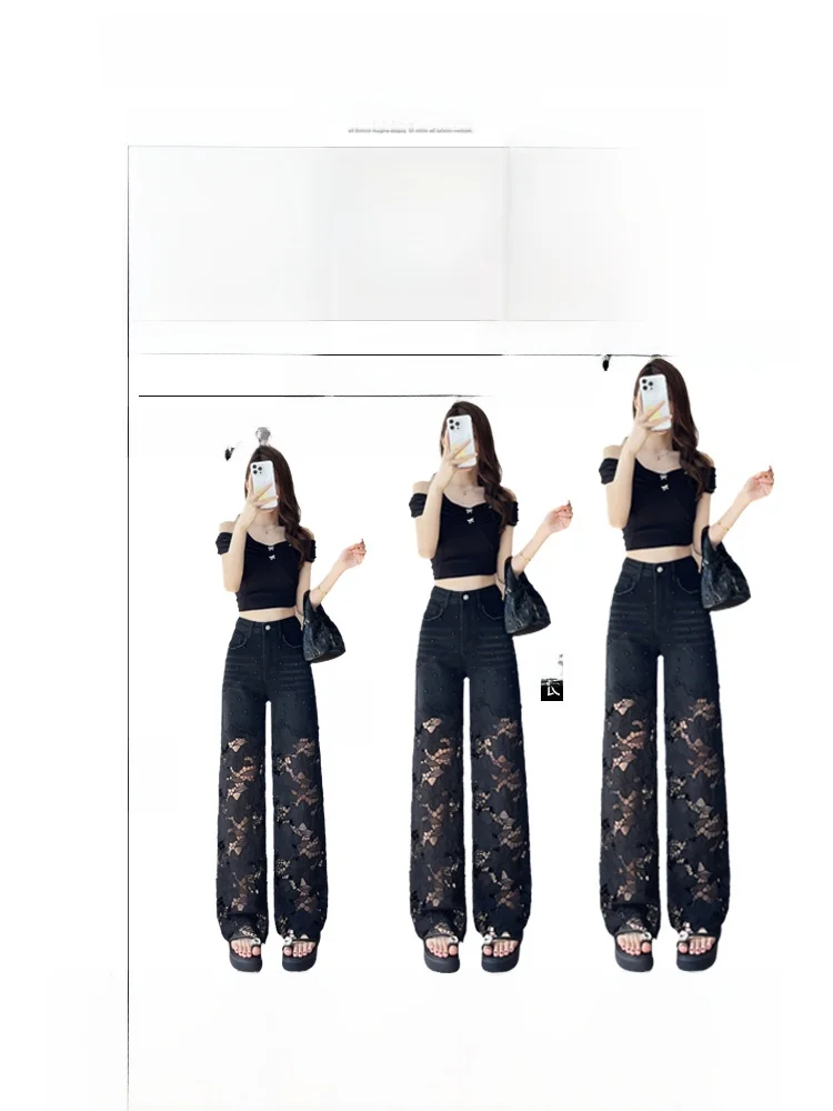 الثقيلة التطريز الدانتيل الربط الجوف حبة واسعة الساق الجينز المرأة الصيف رقيقة عالية الخصر فضفاض مستقيم قطع السراويل #5