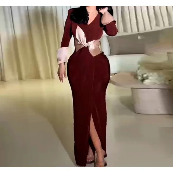 

Elegant Dresses for Women Clothes New 2025 Autumn Maxi Dress Ladies Clothing Long Sleeved Sexy Bow Side Slit Mid Length Skirt
