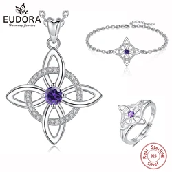 Eudora 925 Nudo de Bruja Plata 925 Original Adjustable Ring & Necklace & Bracelet Witches Knot Amulet Jewelry Set for Women
