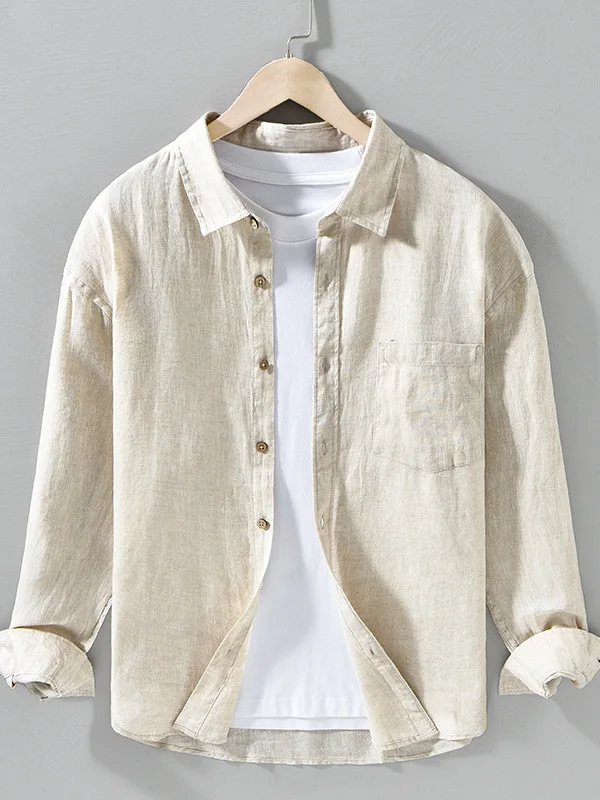 

Мужская повседневная рубашка из чистого льна: дышащая, легкая, цветная, весенняя новинка, ретро-стиль, премиум-класс, полностью льняной материал, высокое качество.