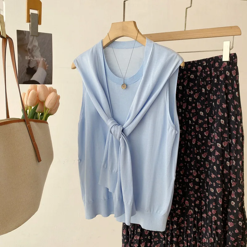 Dave&di 26 Summer New Arrival Mulberry Silk Lyocell Knit Vest Women's Fake Two-piece Design-driven Layered Top