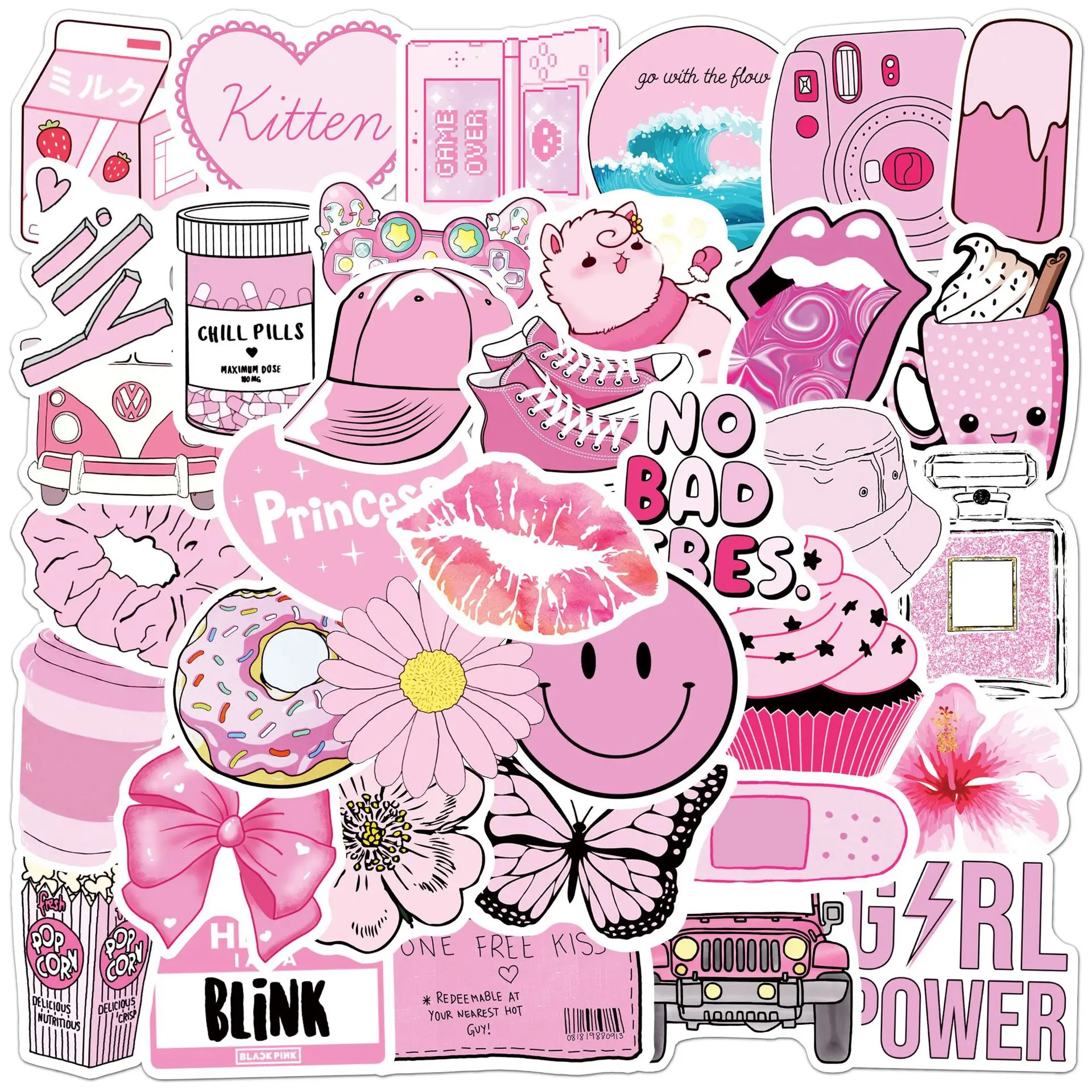 50pcs Pink Girlish Stickers for Suitcases Guitars Water Bottles Laptops Phone Cases Waterproof PVC Adhesive Sticker