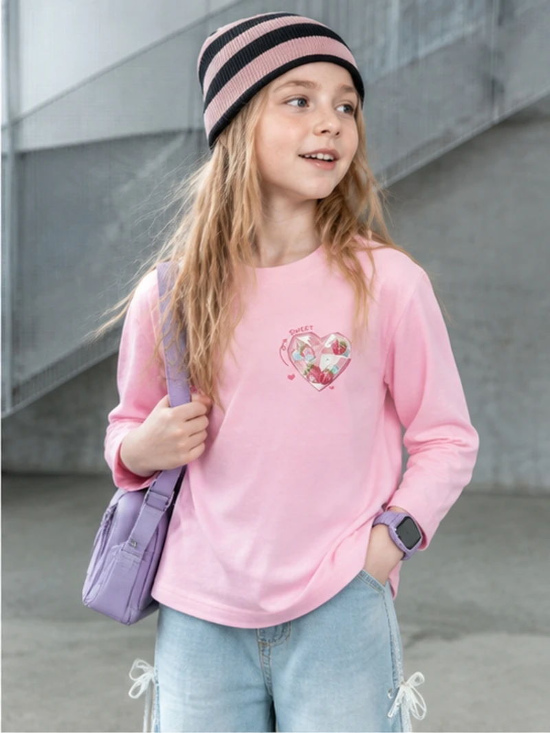 Girls Long Sleeve Cotton T‑Shirt 100‑160cm Cute Heart Strawberry Print Casual Graphic Top Spring Autumn