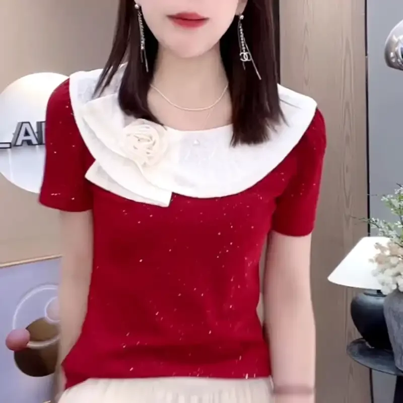

Women's Fashion Short Sleeve Patchwork Ruffle Collar Rose Blouse Summer New Pullover Elegant Top