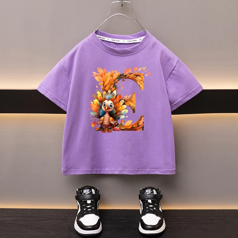 Maple Leaves Letter E Children T-shirt Kawaii Clothes for Girls T Shirt Anime Cartoons Casual Kid Boy Short Sleeve Tops New 2024