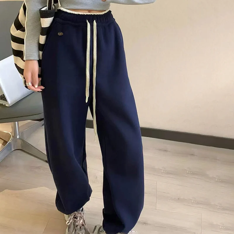 New Fashion High Waist Wide Leg Sweatpants Women Chic Design Contrast Color Sport Pants Autumn Winter Korean Drawstring Trousers