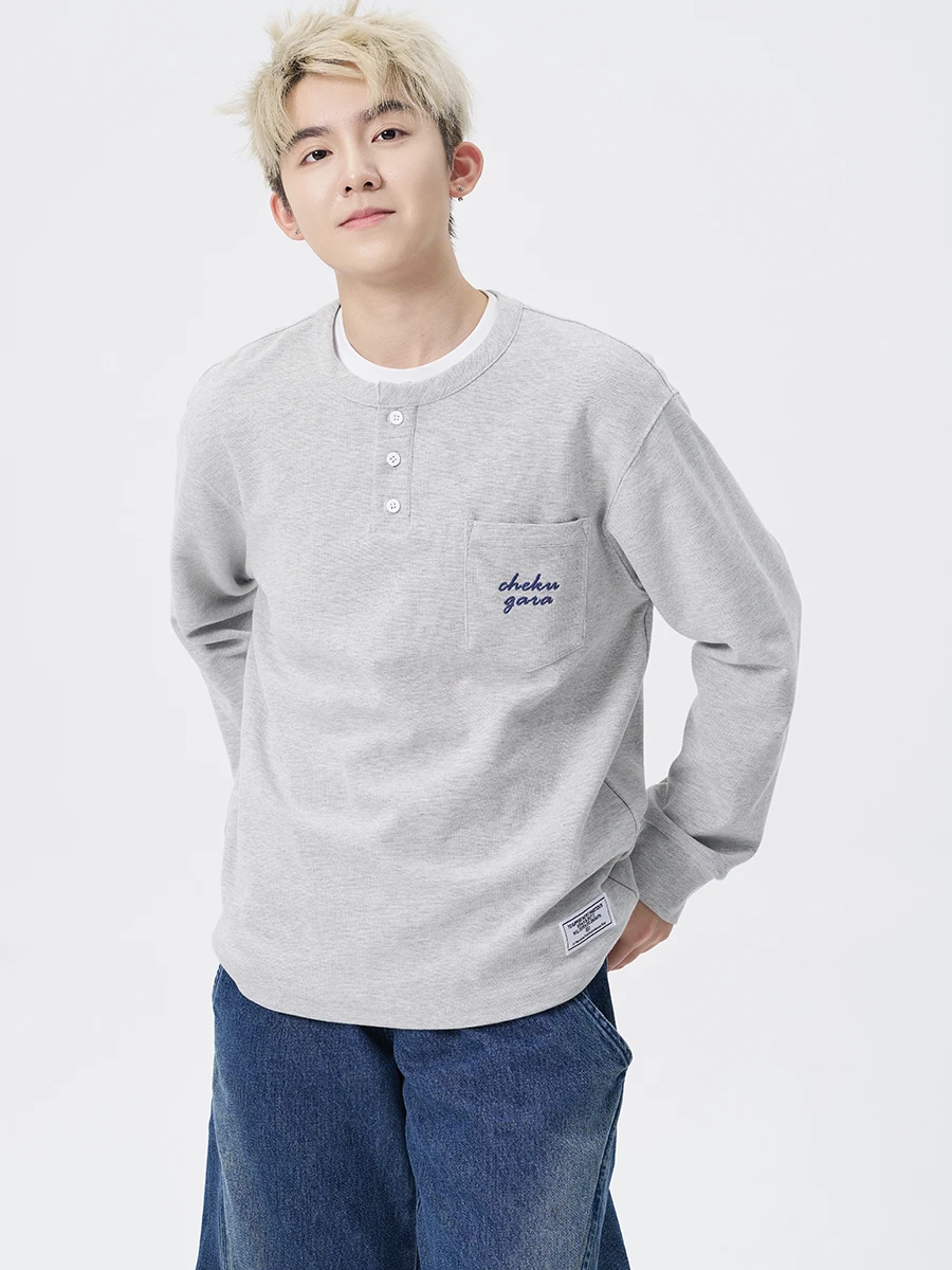 

Cookawu Осенняя легкая футболка с цветочным узором Marle Henley f Open Long Sve, маленький размер, Thiened, повседневная свободная посадка