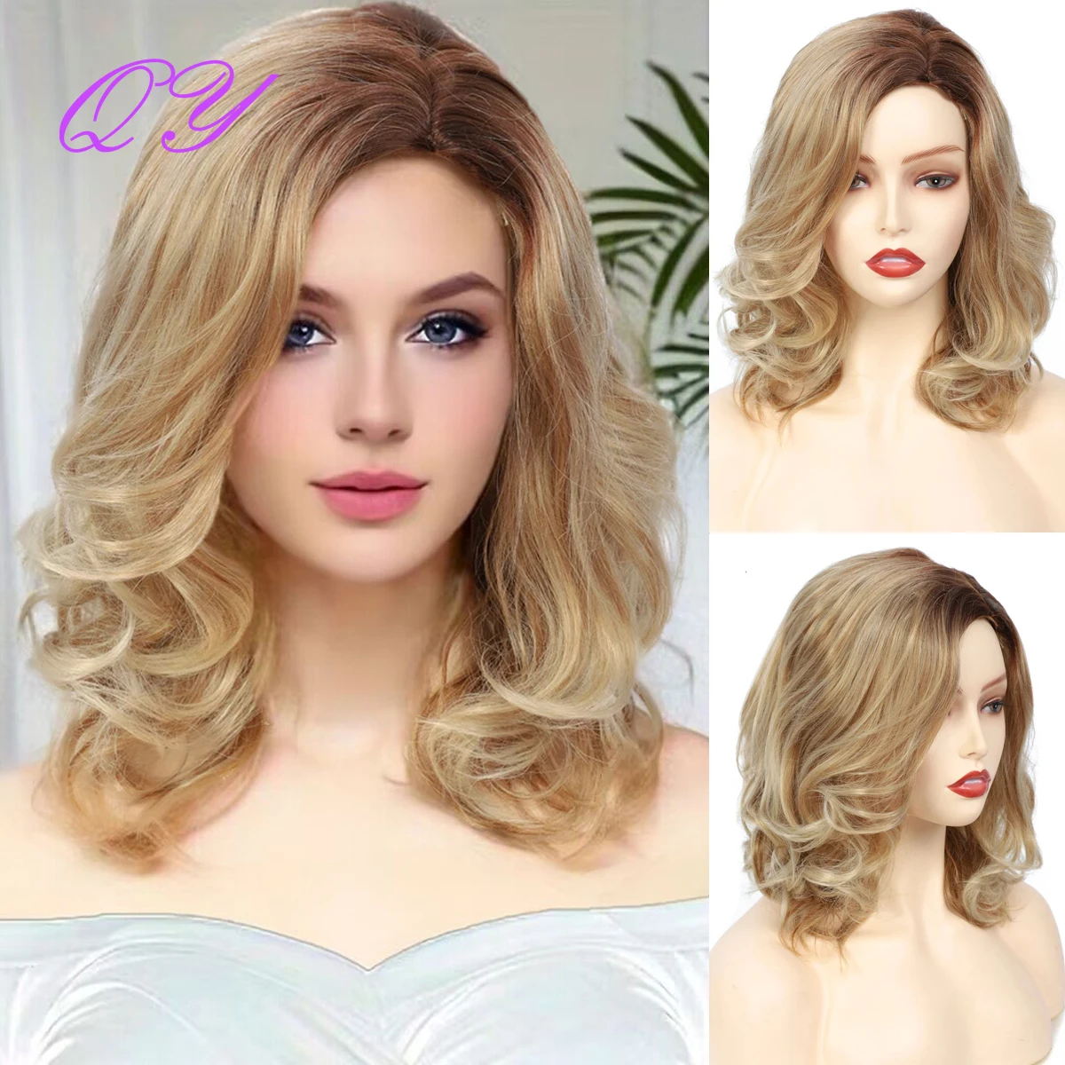 

QY Hair Short Ombre Brown Color Wave Synthetic Wig Natural Fashion Wigs For White Women