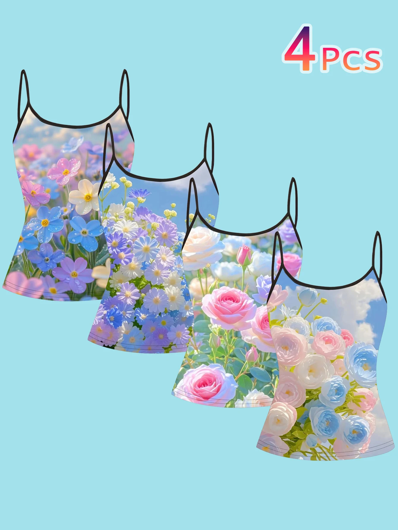 4-Piece Set of Women's Blue and Pink Rose Forget-Me-Not Print Spaghetti Strap Camisole Slim-Fit Base Layer Tops