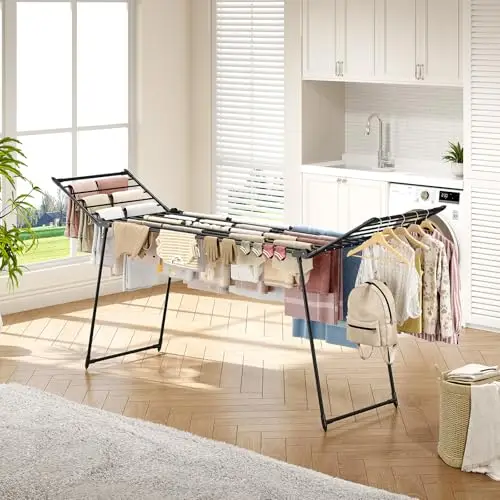 

Heavy-Duty Black Metal Foldable Drying Rack With Retractable Design For Bedding, Towels, Sweaters – Indoor And Outdoor Use