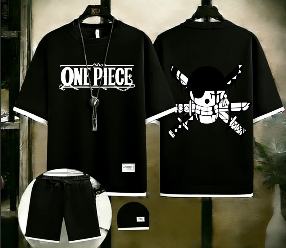 

Men's One Piece Sanji Black Leg Diable Jambe Print 2 Piece Outfit, Waffle Knit T-Shirt + Shorts Set, Anime Streetwear Tracksuit