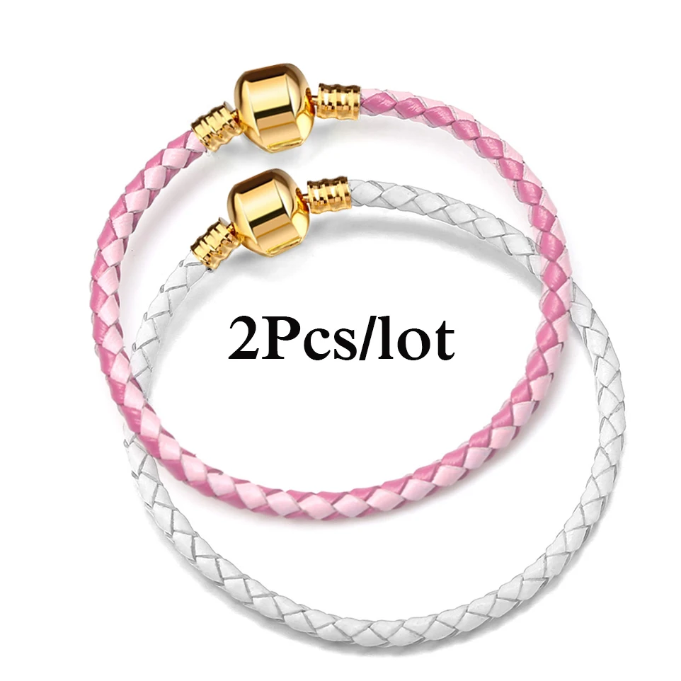 2Pcs/Lot Leather Chain Charms Bracelets Fit DIY Beads Mens Womens Bracelet Bangles Couples Pulsera Vintage Jewelry Bijoux Gifts