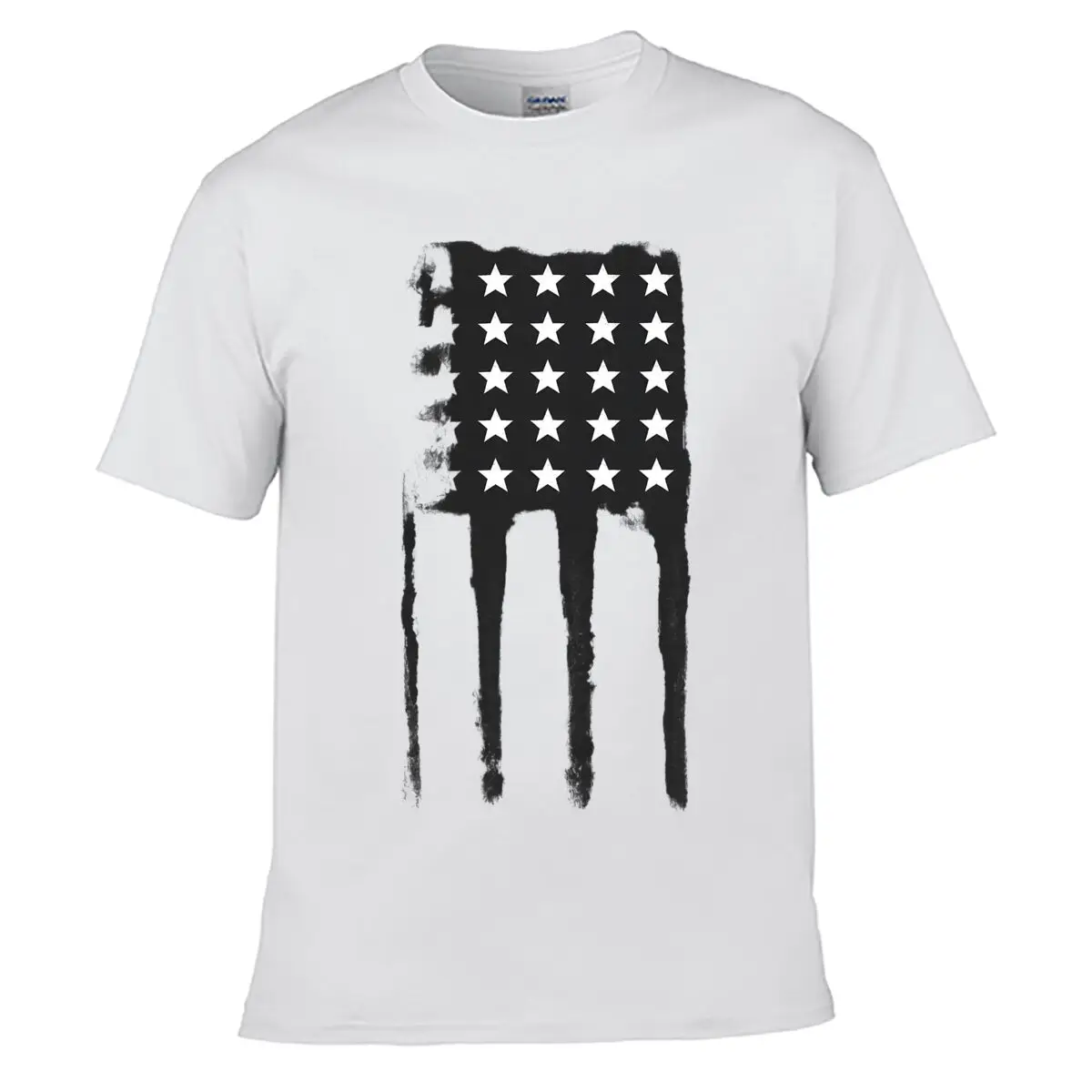 Black Distressed Dripping Rectangle Twenty White Stars Street Loose Simple Tee