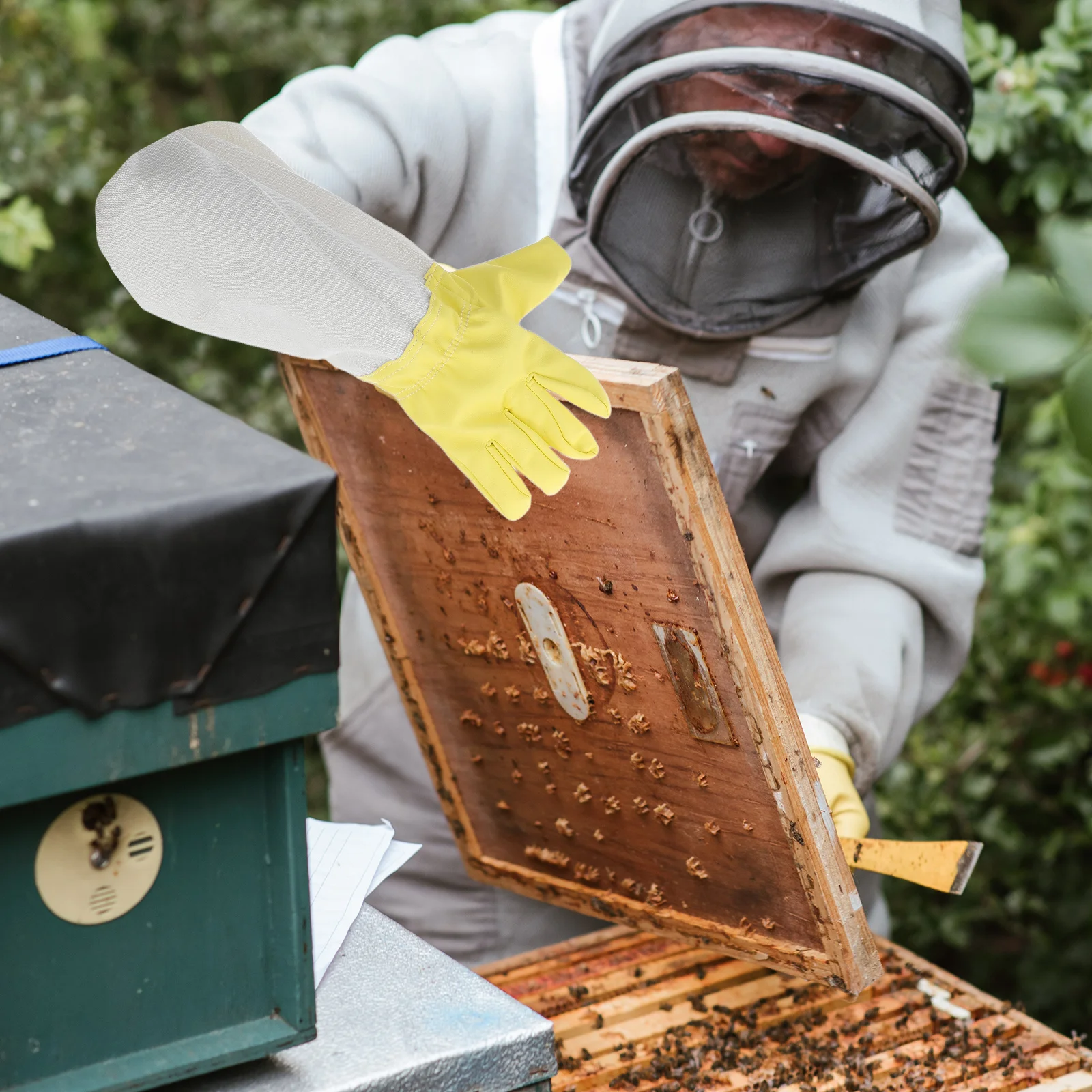 

1Pair Beekeeping Gloves Heavy Duty PU Canvas Extended Sleeve Protective Elastic Cuff Gloves Outdoor Gardening Work