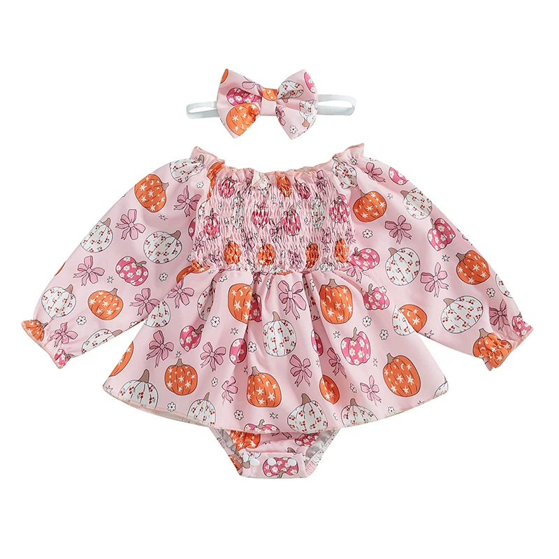 Baby Girl Halloween Romper Dress Floral Pumpkin Print Long Sleeve Smocked Jumpsuit with Bow Headband