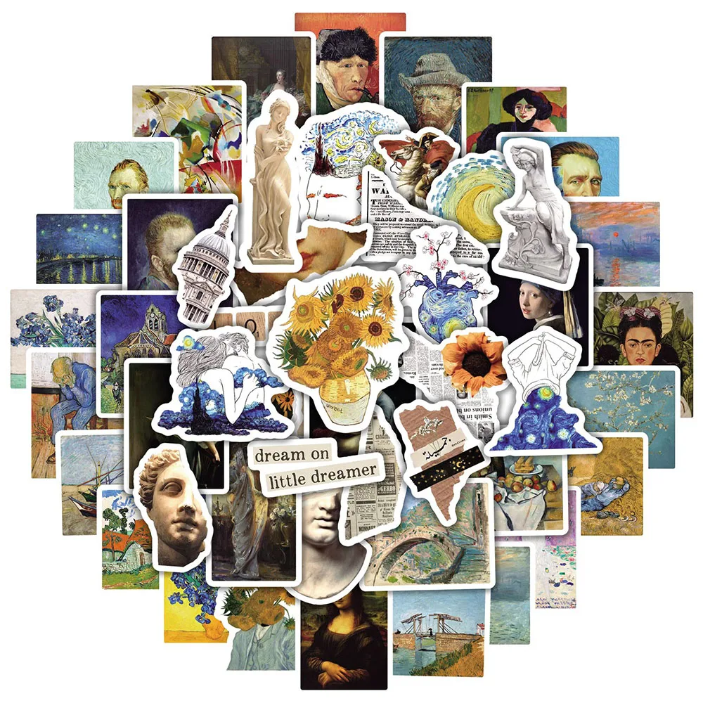 10/30/50pcs 세계적으로 유명한 예술 유화 스티커 만화 복고풍 미적 스티커 가방 전화 노트북 낙서 데칼 장난감