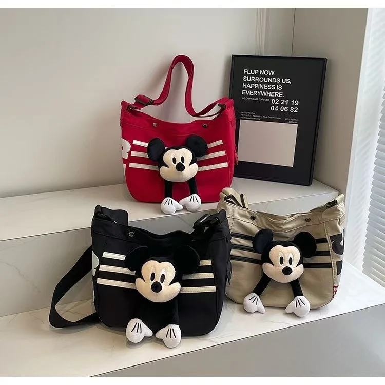 Cute Mickey Doll Canvas Bag for Women 2024 New Large Capacity Student Classroom Commuter Single Shoulder Crossover Tote Bag