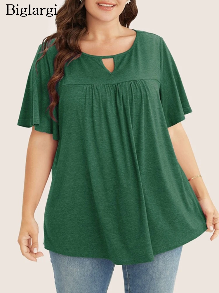 Plus Size Summer Pullover Tops Women Short Sleeve Fashion Loose Ruffle Pleated Ladies Blouses Casual Woman Tops