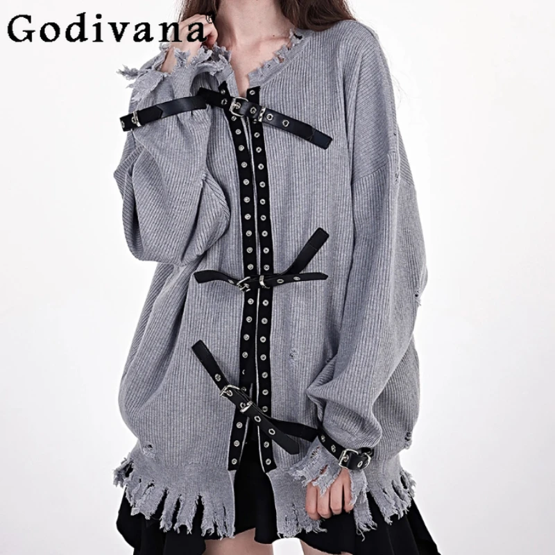 

Spring Autumn Fashion Belt Lace-up Loose Black Knitted Cardigan Girl Punk Versatile Personality Grey Long Sleeve Tassel Sweater