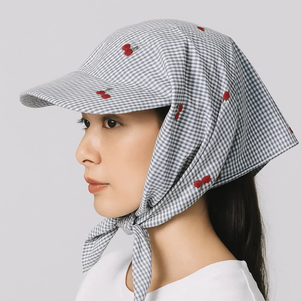 

Casual Plaid Headscarf Baseball Cap Sweet Cherry Embroidered Sunscreen Beach Hats Korean Style Sunscreen Peaked Cap Summer