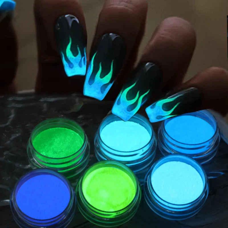 6 unids/set brillo de uñas luminoso polvo que brilla en la oscuridad verde naranja neón pigmento polvo fluorescencia luminiscente decoración de manicura