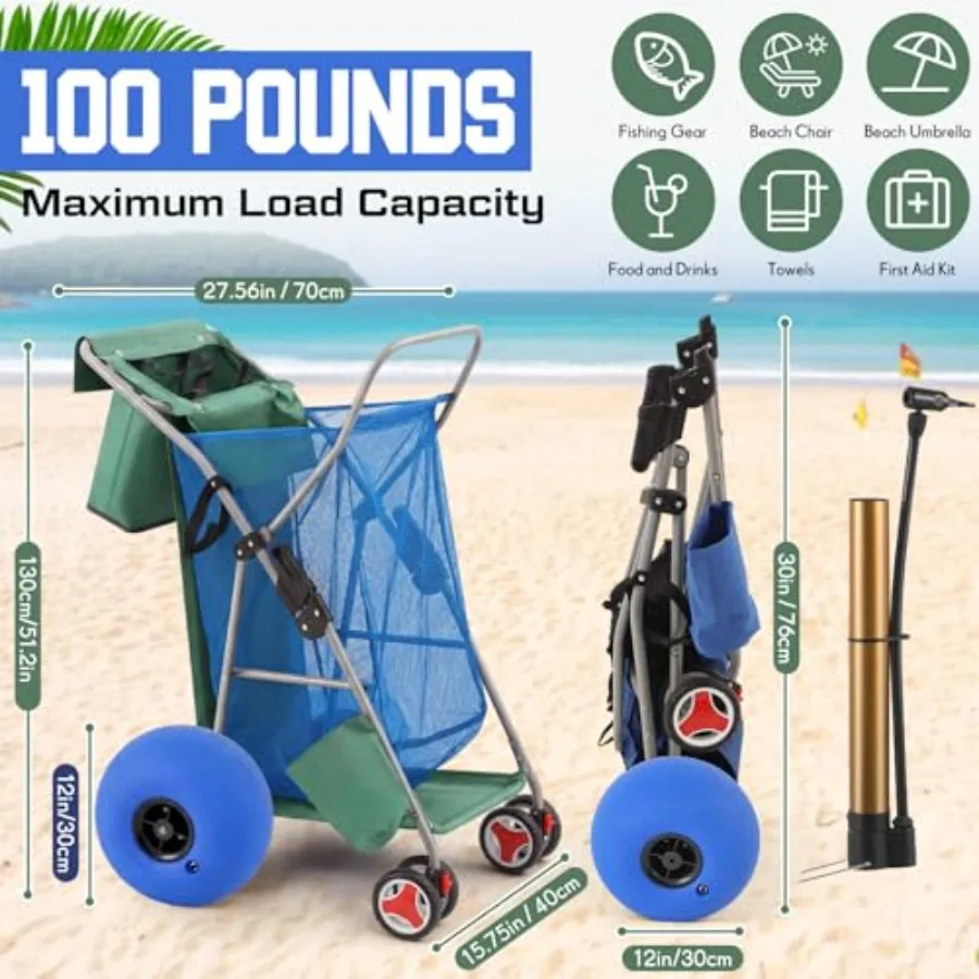 Beach Cart for sand use, rust-free aluminum frame, blue green, 12-inch balloon wheels, foldable, wide wheel storage, body board