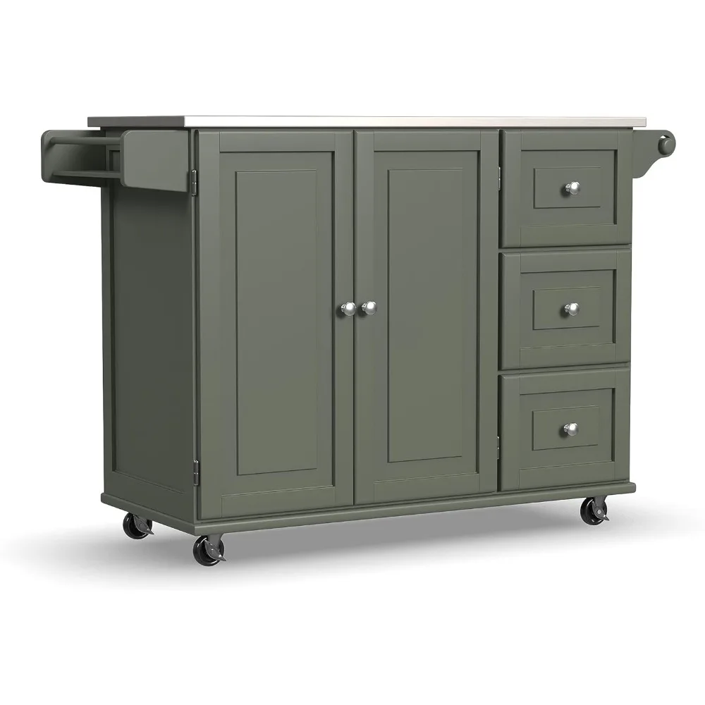 Mobile Kitchen Island Cart with Stainless Steel Top, Sage Green