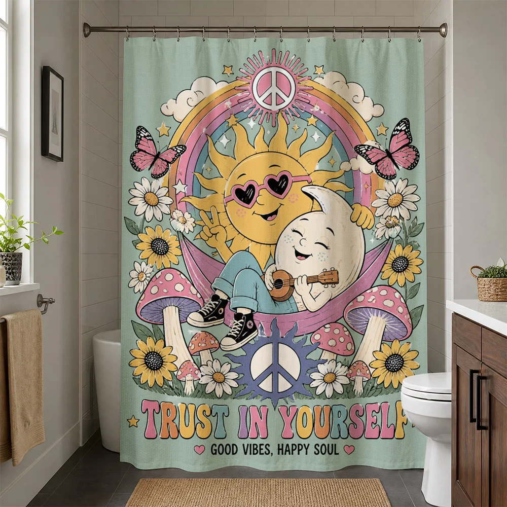 Cute Boho Shower Curtain Bathroom Decor Positive Vibes Cartoon Animals Tropical Print Waterproof Shower Curtain Trendy Boho Chic