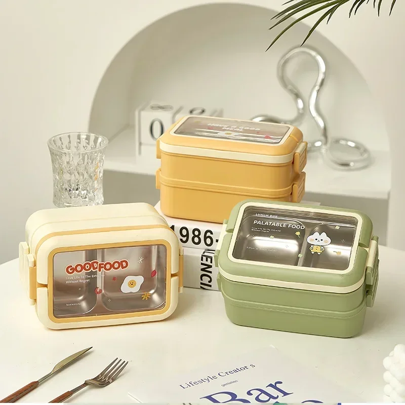 Cute Double-layer Lunch Box Stainless Steel Thermal Insulation Lunch Box with Handle Sealed Leak Proof Outdoor Picnic Bento Box