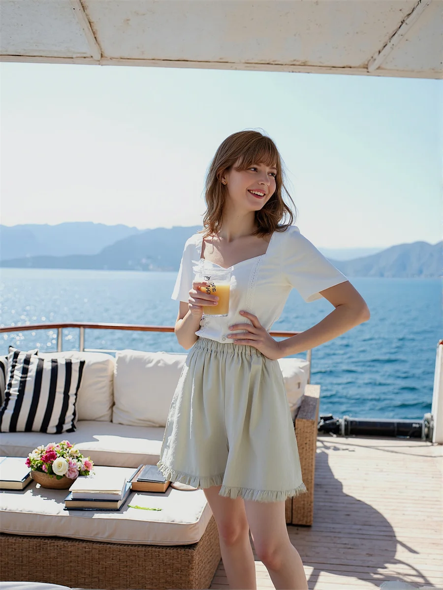 반바지 여성 민트 그린 프릴 하이 웨이스트 태슬 Y2K streetwear 블루 바지 미니 새로운 유럽 스타일 트렌디 한 기질