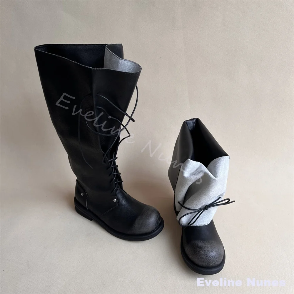 

Fold Up Patchwork Knee High Boots Women Strappys Retro Mixed Color Loose Fitting Boots 2026 Spring Summer Low-heeled Long Boots