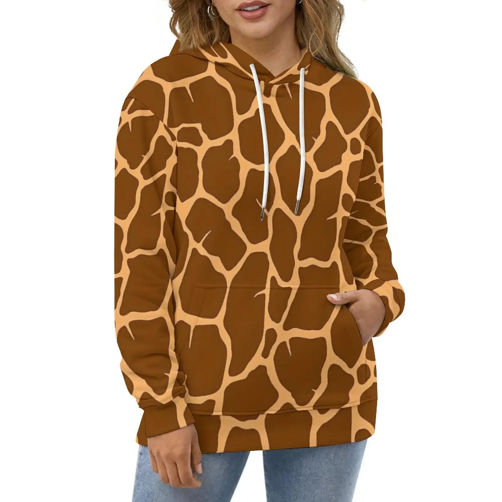 Giraffe Print Casual Hoodies Brown Animal Skin Pullover Hoodie Women Long Sleeve Street Style Graphic Loose Oversized Clothing