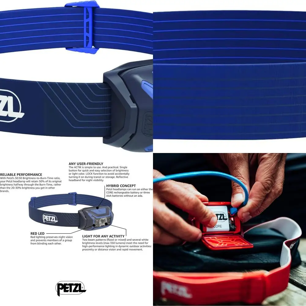 Linterna frontal PETZL ACTIK - Potente luz de 450 lúmenes con iluminación roja, para senderismo, escalada, correr y acampar - Azul