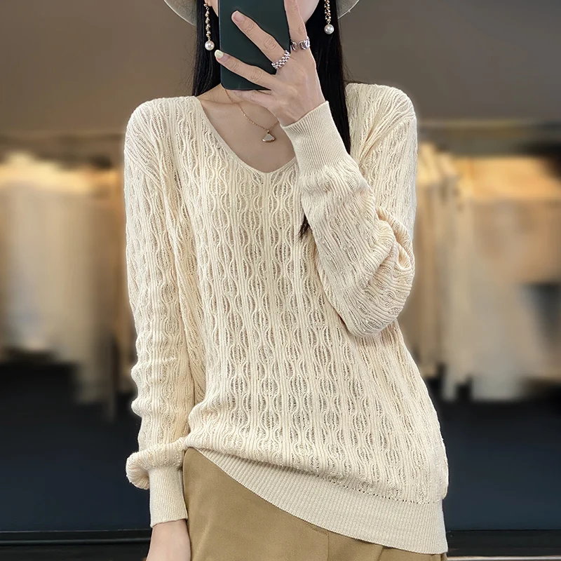 Autumn New Women 100% Pure Cotton Soft Sweater V-neck 3D Jacquard Hollowed out Pullover Loose Fashion Knitwear Casual Base Top