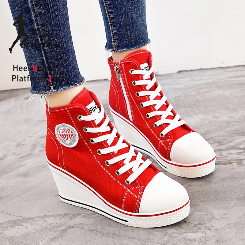 2024 Spring New Fashion Round Toe Women Sneakers Casual Wedge Canvas Shoes 8CM Non Slip Platform Outdoors Shoes Femme Footwear