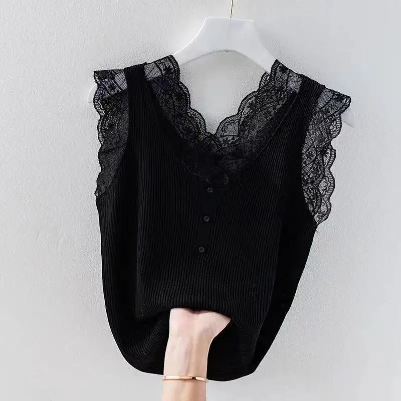 Ice Camisole Women's Summer Oversized Tank Top Fashionable Splicing Lace T-shirt Bottoming Knitwear Women's Top