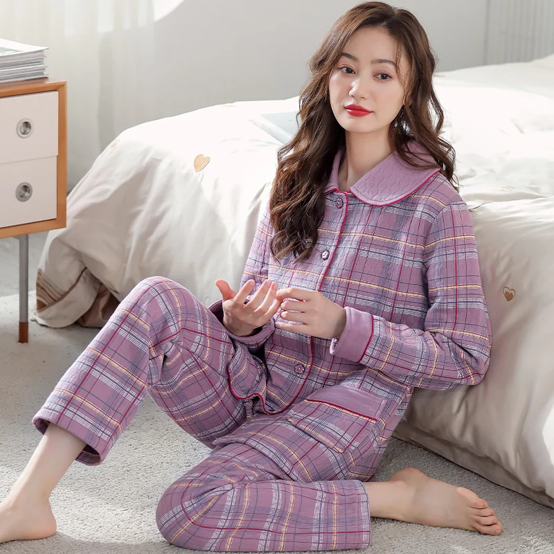 Three layer thin cotton pajamas autumn and winter women's plaid cardigan women's winter all cotton women's home clothing set