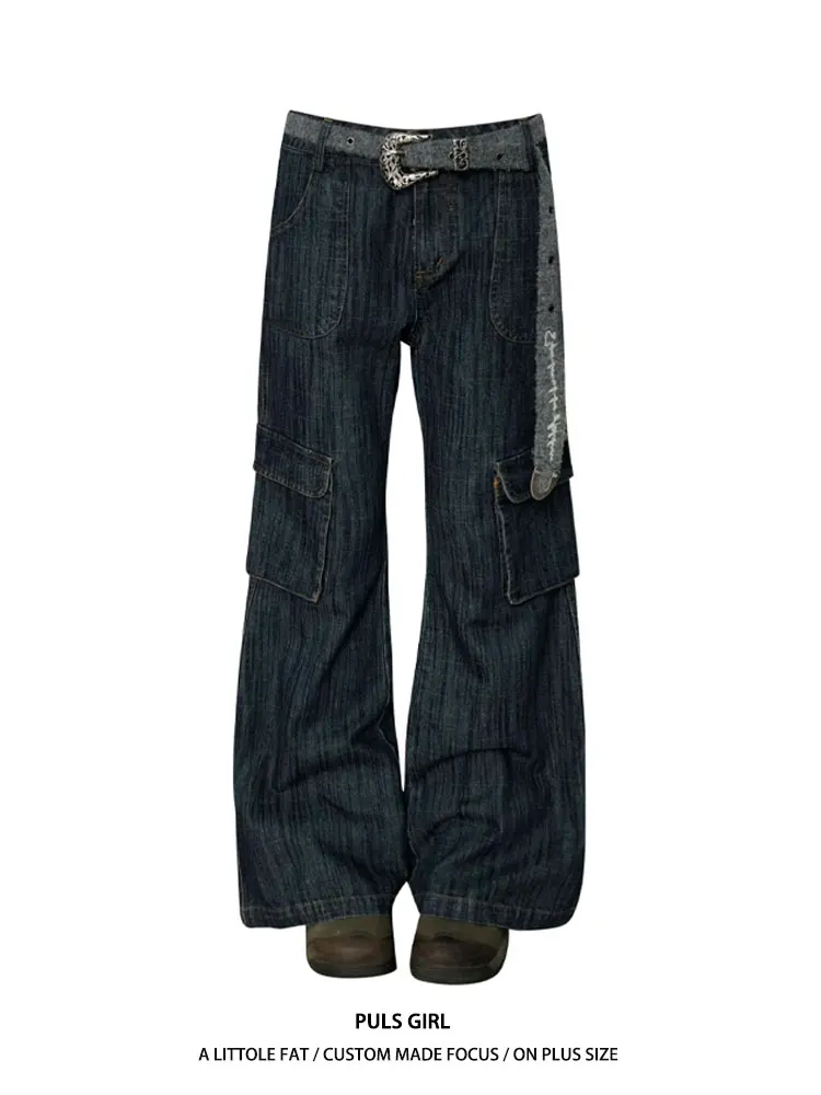 

Свободные повседневные джинсы-клеш с множеством карманов в рабочем стиле, с высокой талией, винтажный вид, большие размеры, женская мода, осень 2024