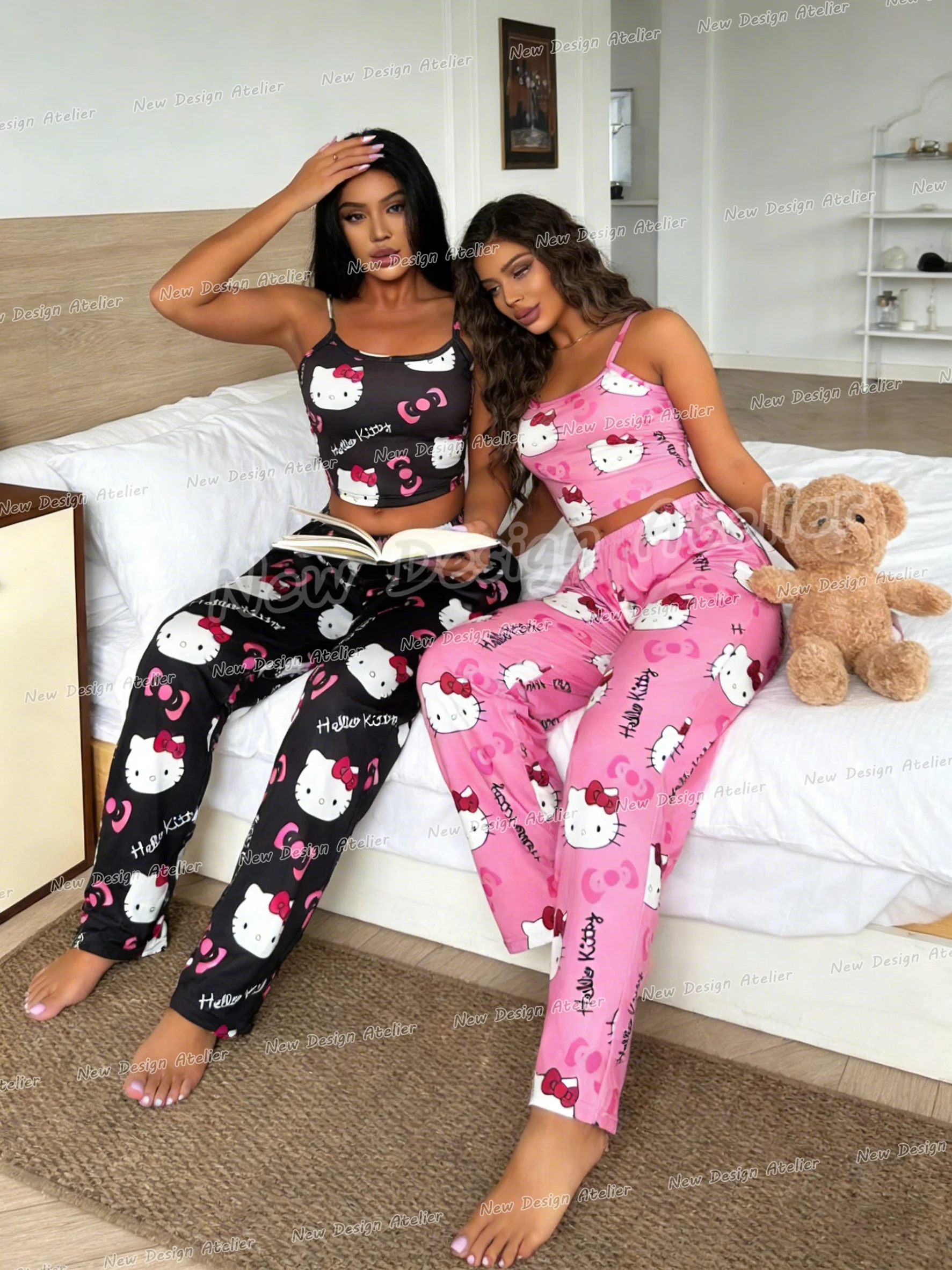 

Kawaii Fashion Sanrio Hello Kitty Camisole Cami Pajama Pants Set Cute Print Women's Corset Strappy Sexy Crop Top Loungewear Gift