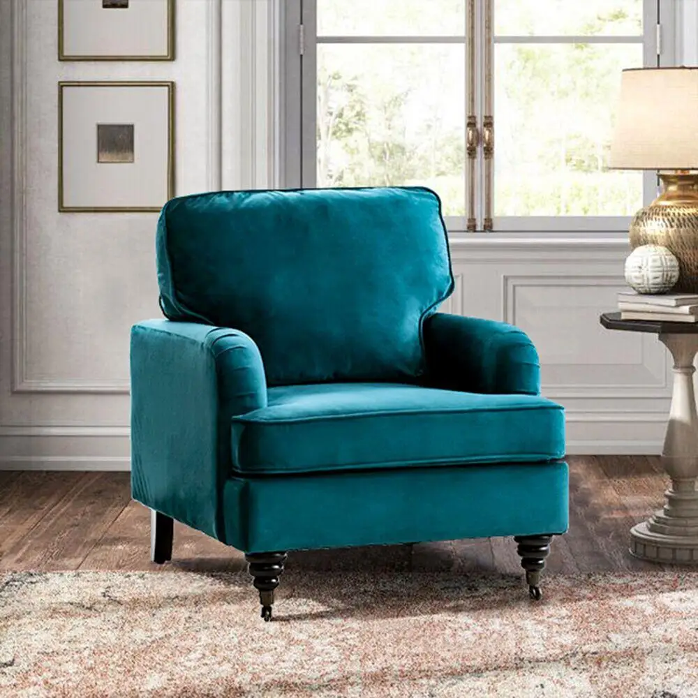 Blue Green Modern Upholstered Armchair with Wooden Legs for Living Room Home Office