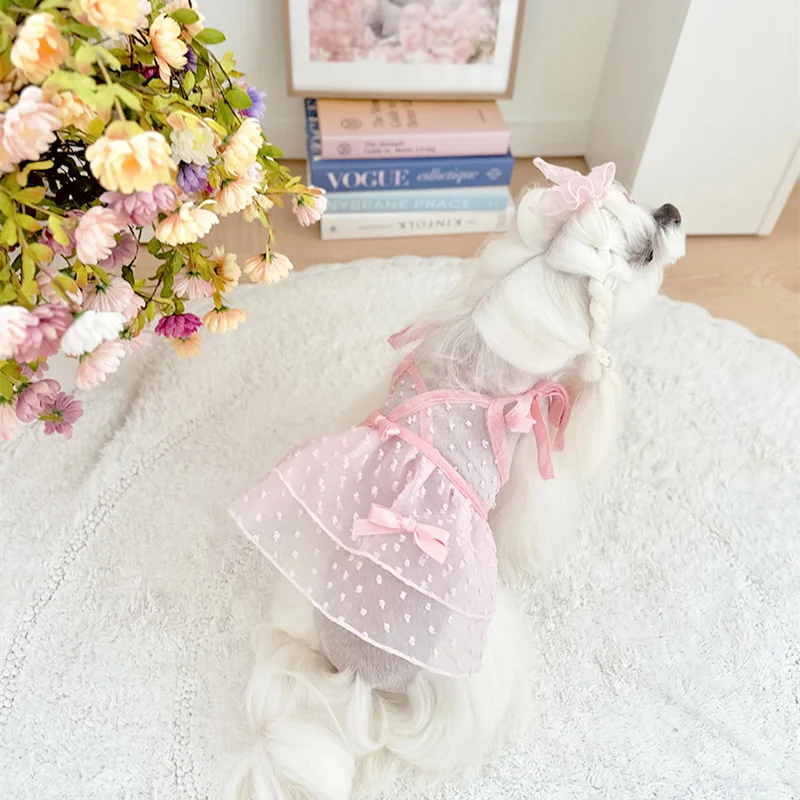 

Pink Dog Dress Lace Ruffle Breathable Cool Sling Layers Dress for Small Dog Girls Summer Party Outfits Maltese Chihuahua Clothes