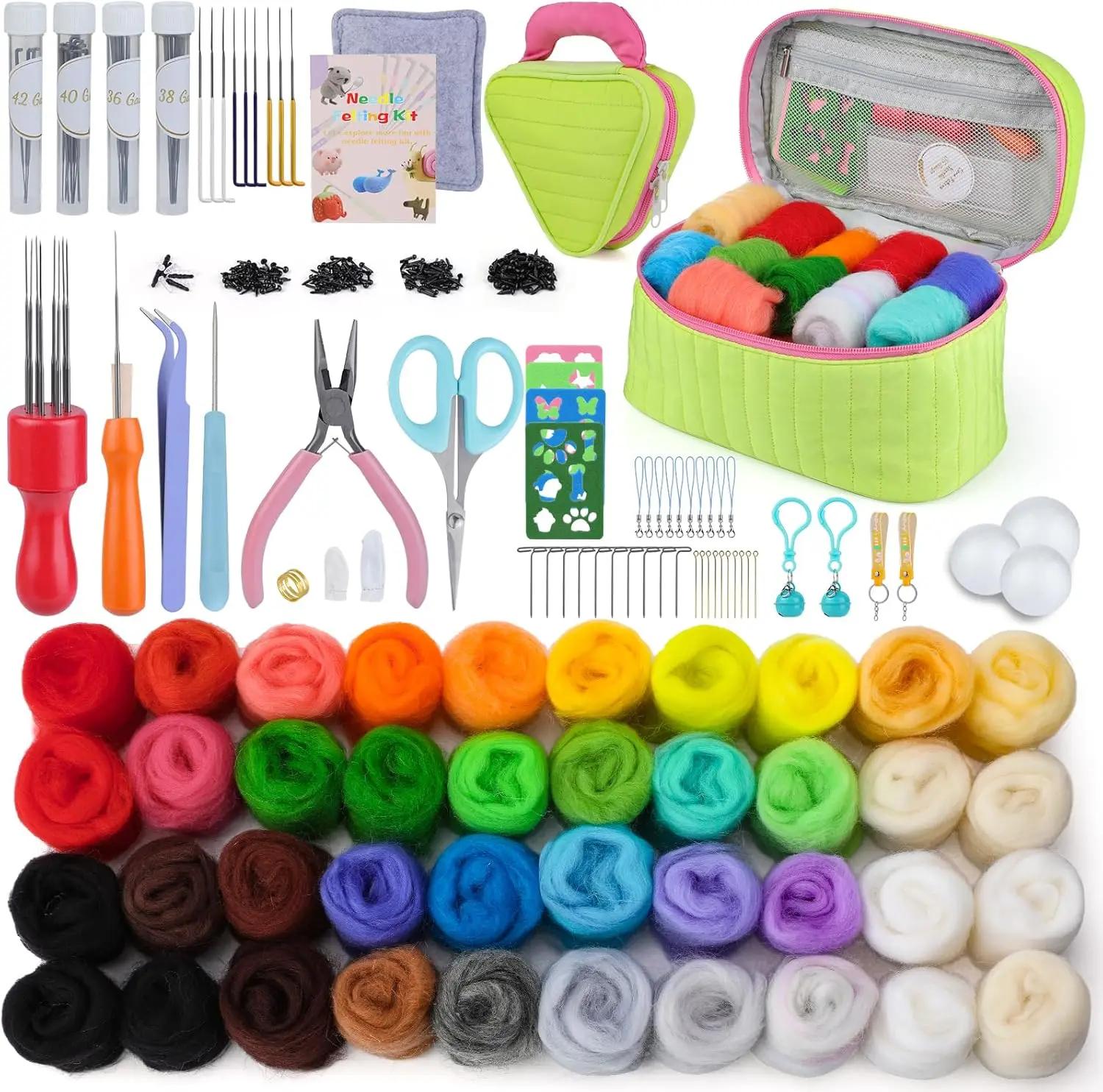 

IMAZY Needle Felting Kit for Beginners Wool Roving Fiber with Spiral Cone Triangle Felting Needles Pad Mat Felted Supplies