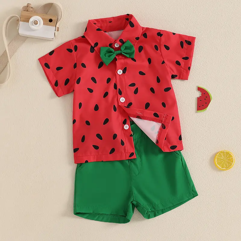 1-4Y Kids Boys Summer Outfits Watermelon Pattern Button Down Turn Down Collar Short Sleeve Shirt with Shorts 2 Pcs Boys Set - Image 3