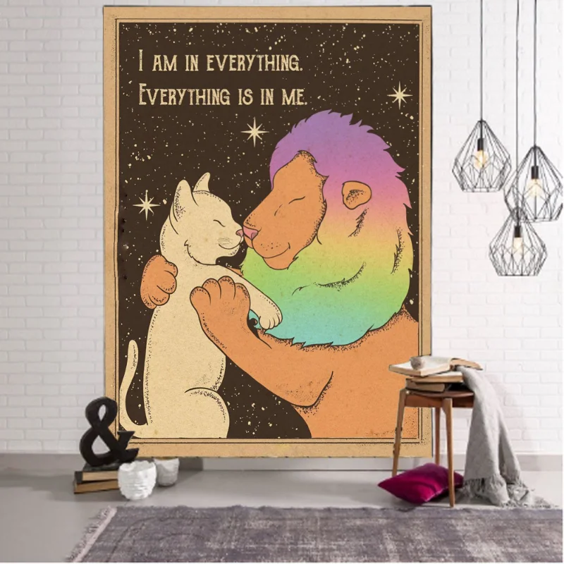 VIKAMA Boho Rainbow Lion and Cat Tapestry Wall Hanging Spiritual Quote Starry Mystical Aesthetic Wall Art Bedroom Dorm Decor
