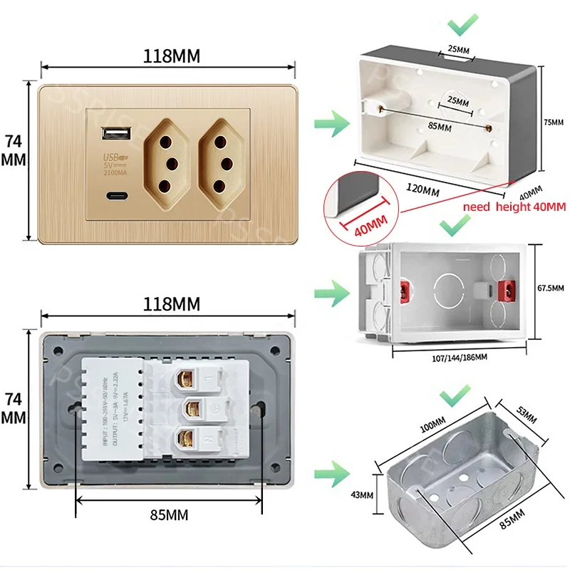 

PSSRISE Gold Brazil PC Drawing Panel Standard Outlet Double 2.1A USB Type C Wall Power Socket Light Switch Office 118mm*72mm 16A