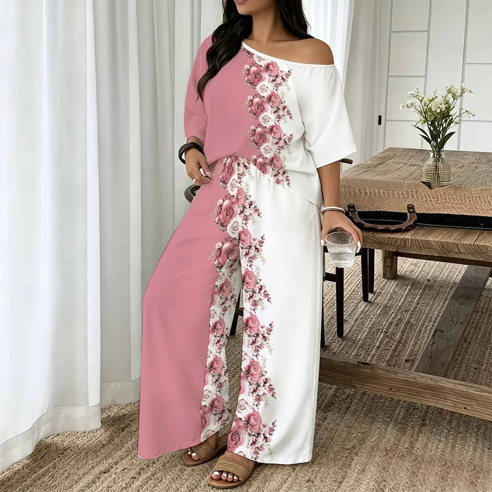Plus Size Women Spring/summer Fashion Print Two Piece Off-shoulder  Round Neck T-shirt Casual Vacation Long Pants