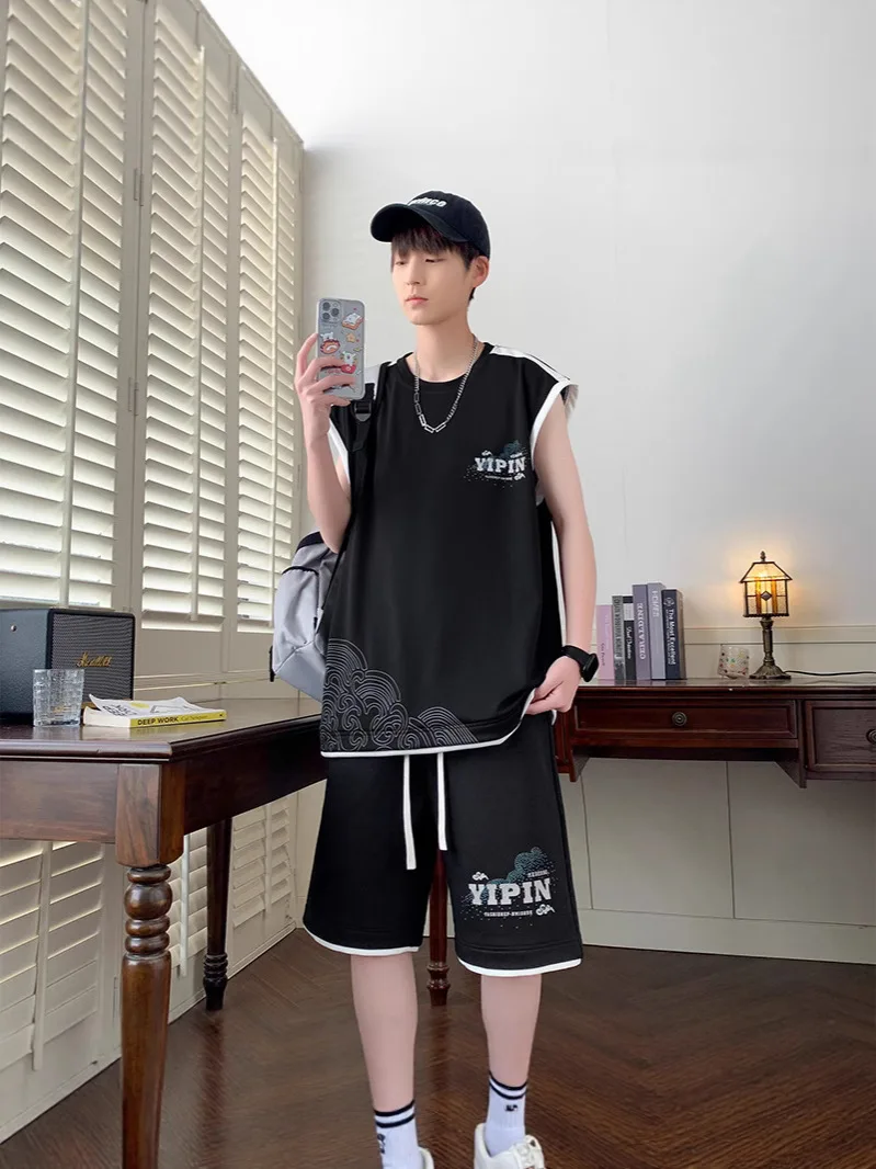 2025 Summer Ice Silk Men's Workout Set  Cooling Sleeveless Top & Shorts Two Piece Athletic Gym Running Breathable Outfit