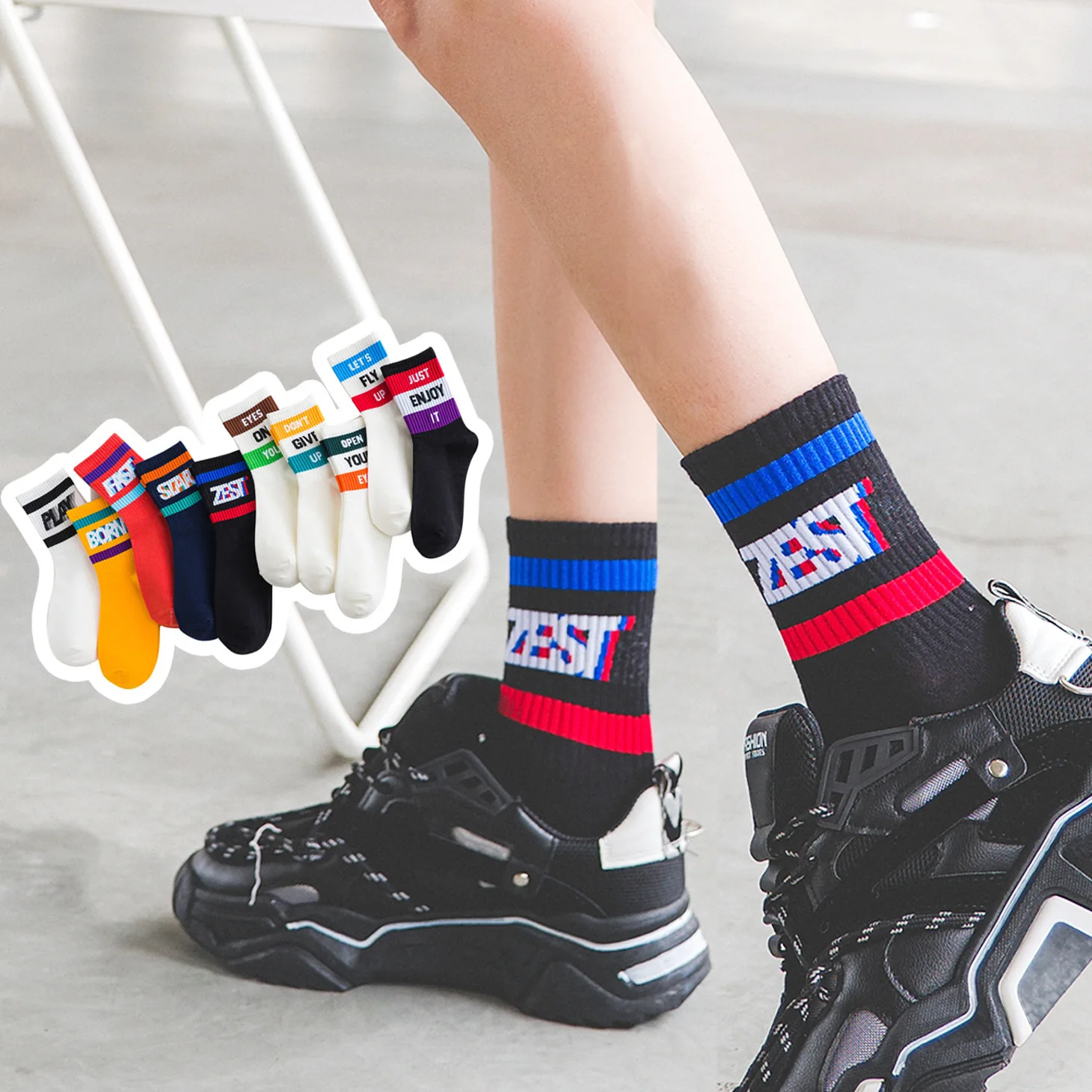 2023 Harajuku style cartoon creative striped checkered bear socks kawaii print funny girl socks fashion skateboard woman socks